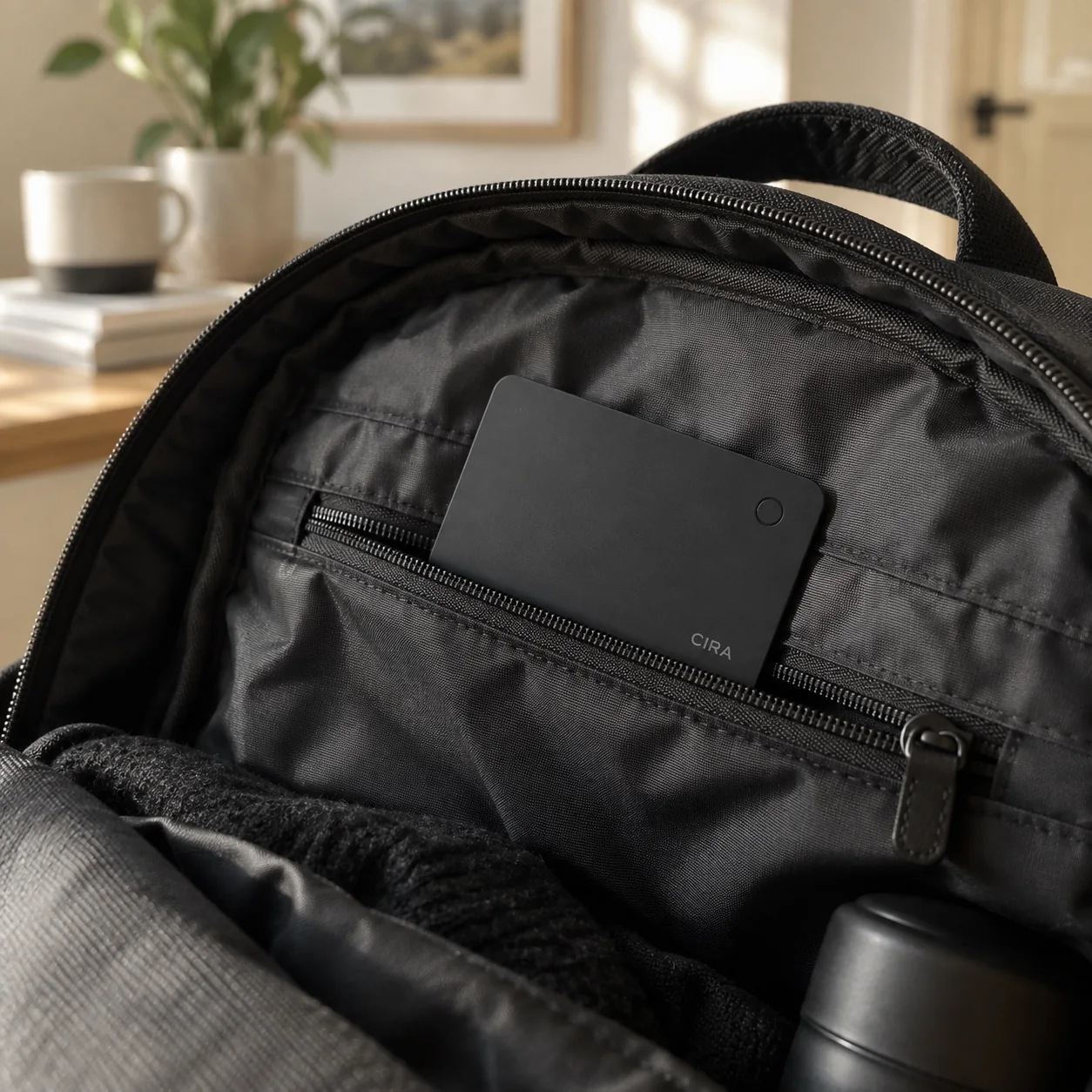 Card tucked into backpack