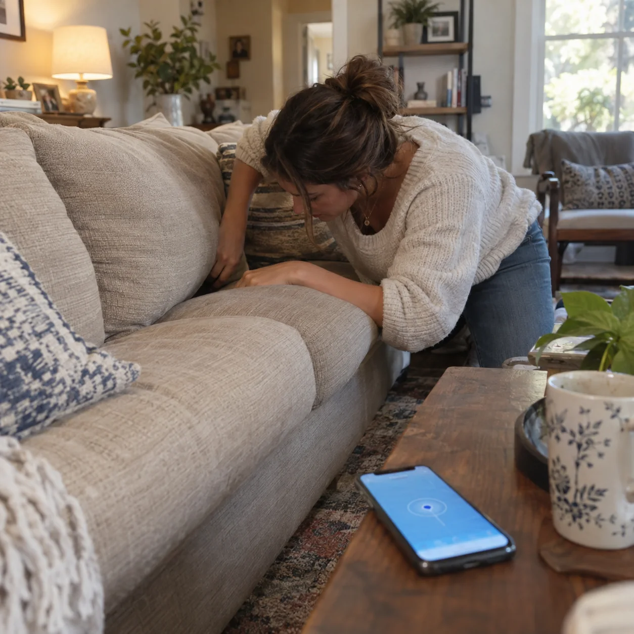 Woman looking for wallet at home