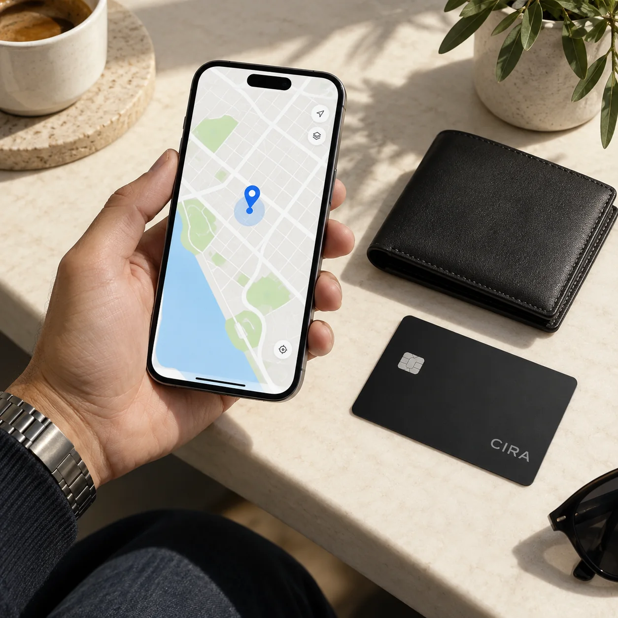 Smartphone and wallet on table