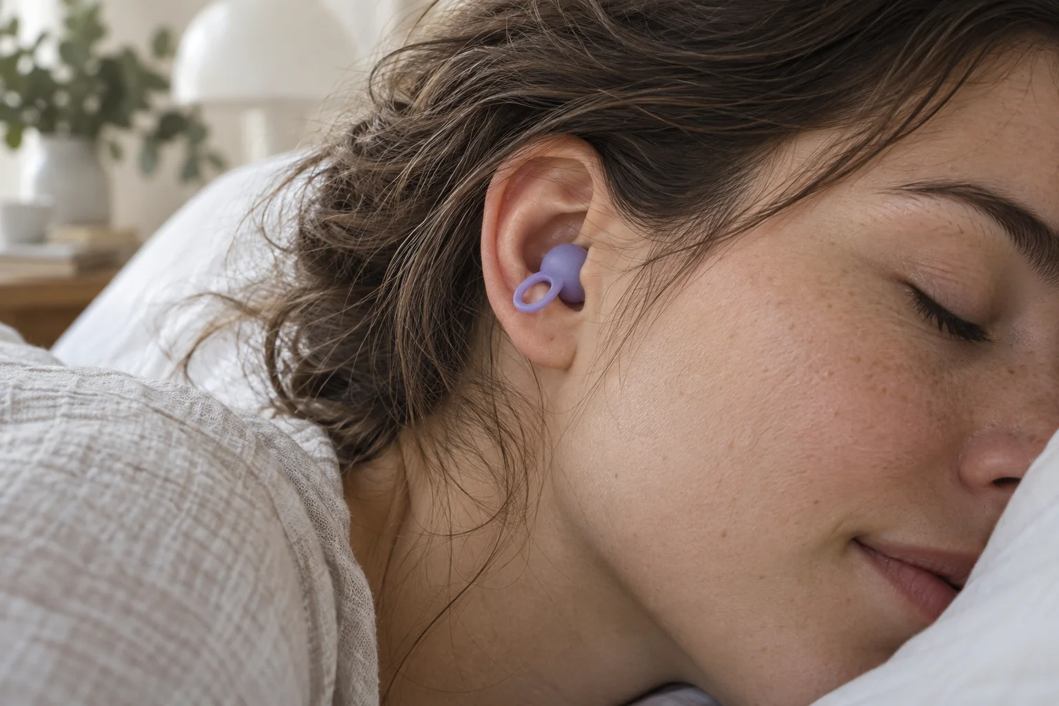 Low-profile earplug resting against pillow