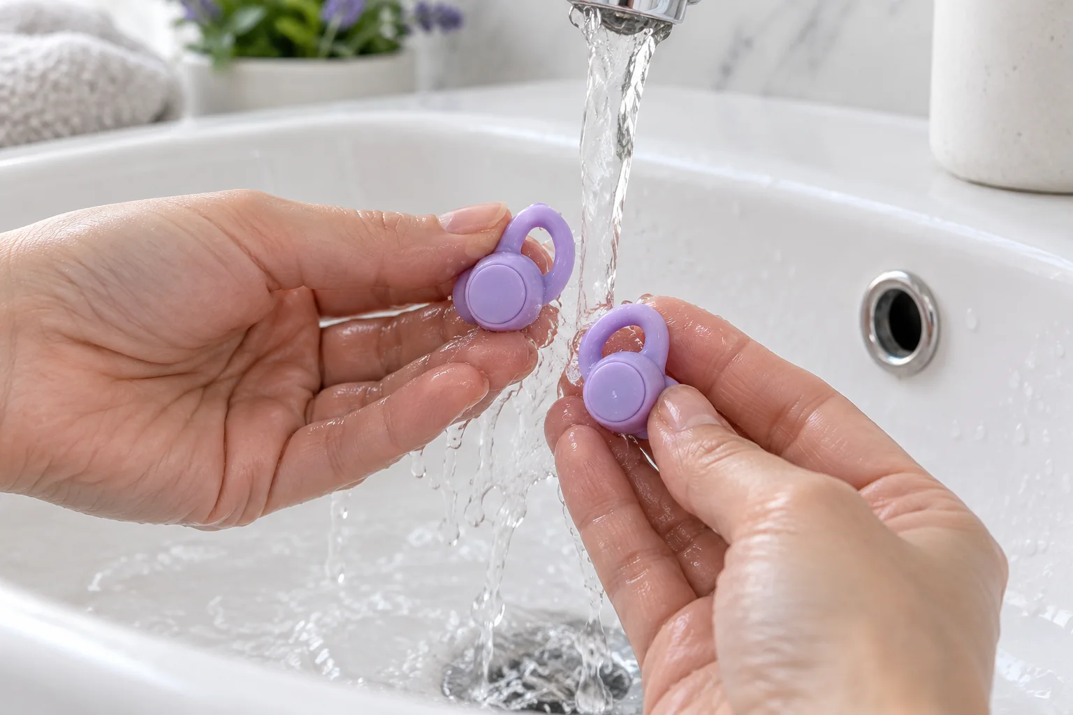 Cleaning earplugs at a sink