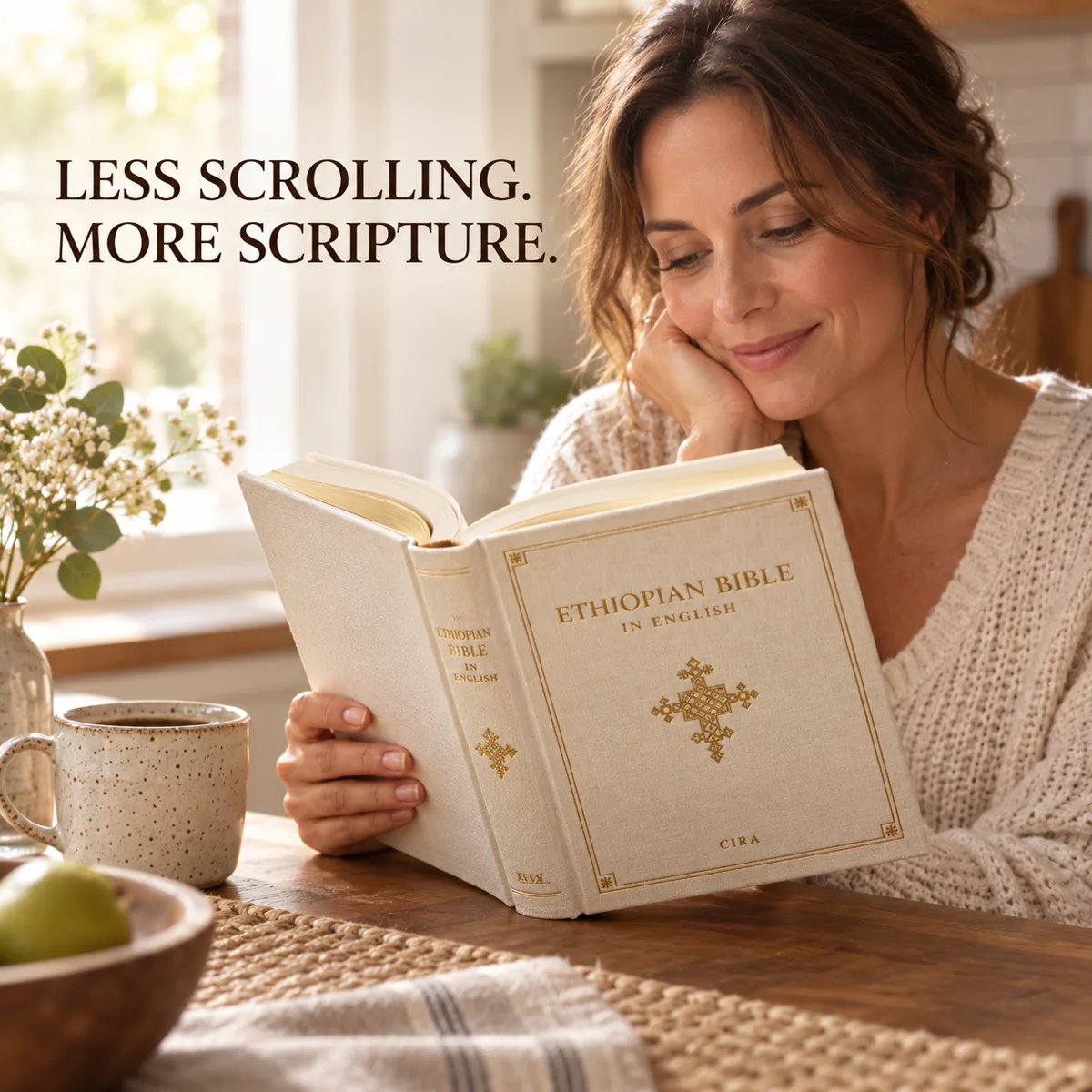 Reader with the English Bible at home