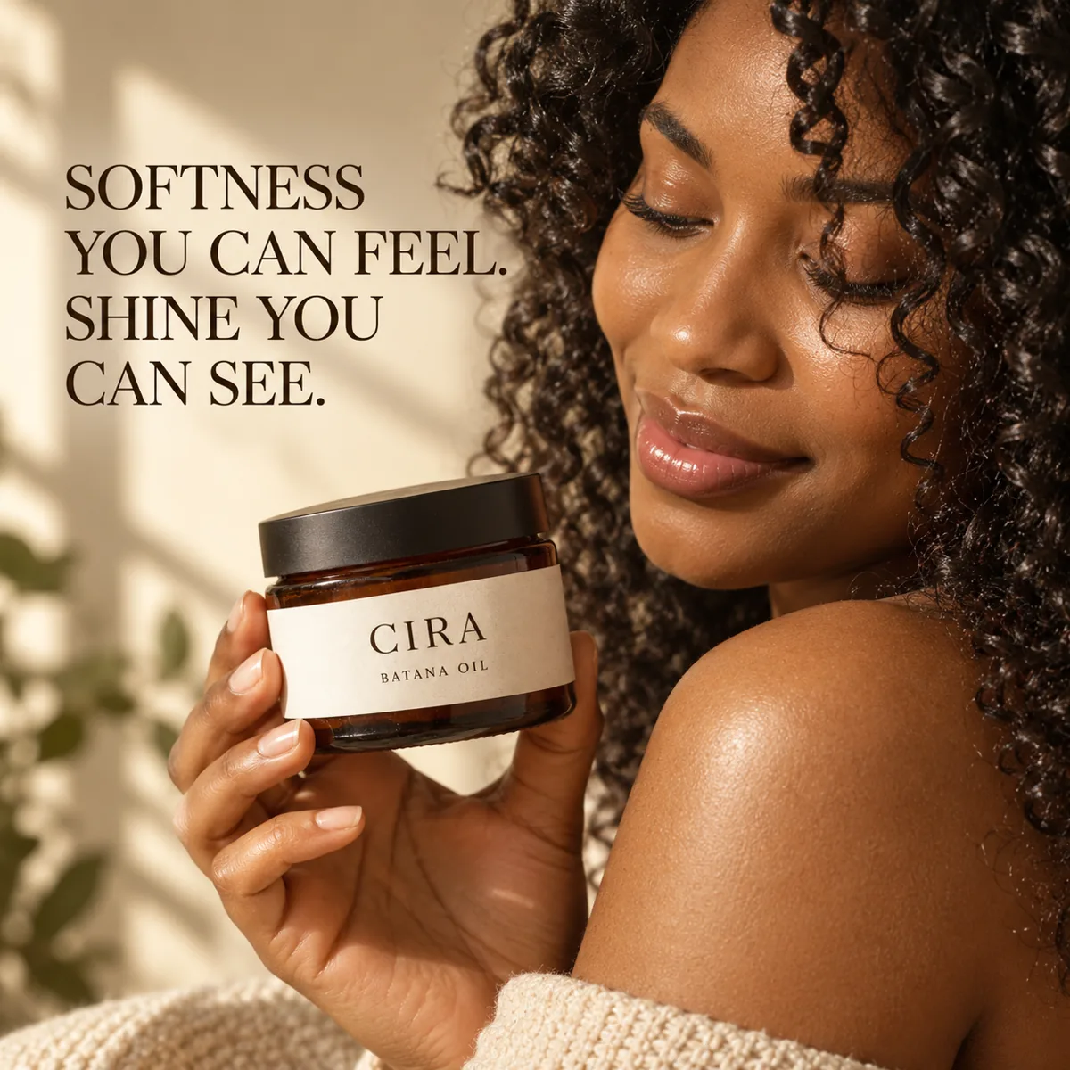 Woman holding Batana Oil with natural curls