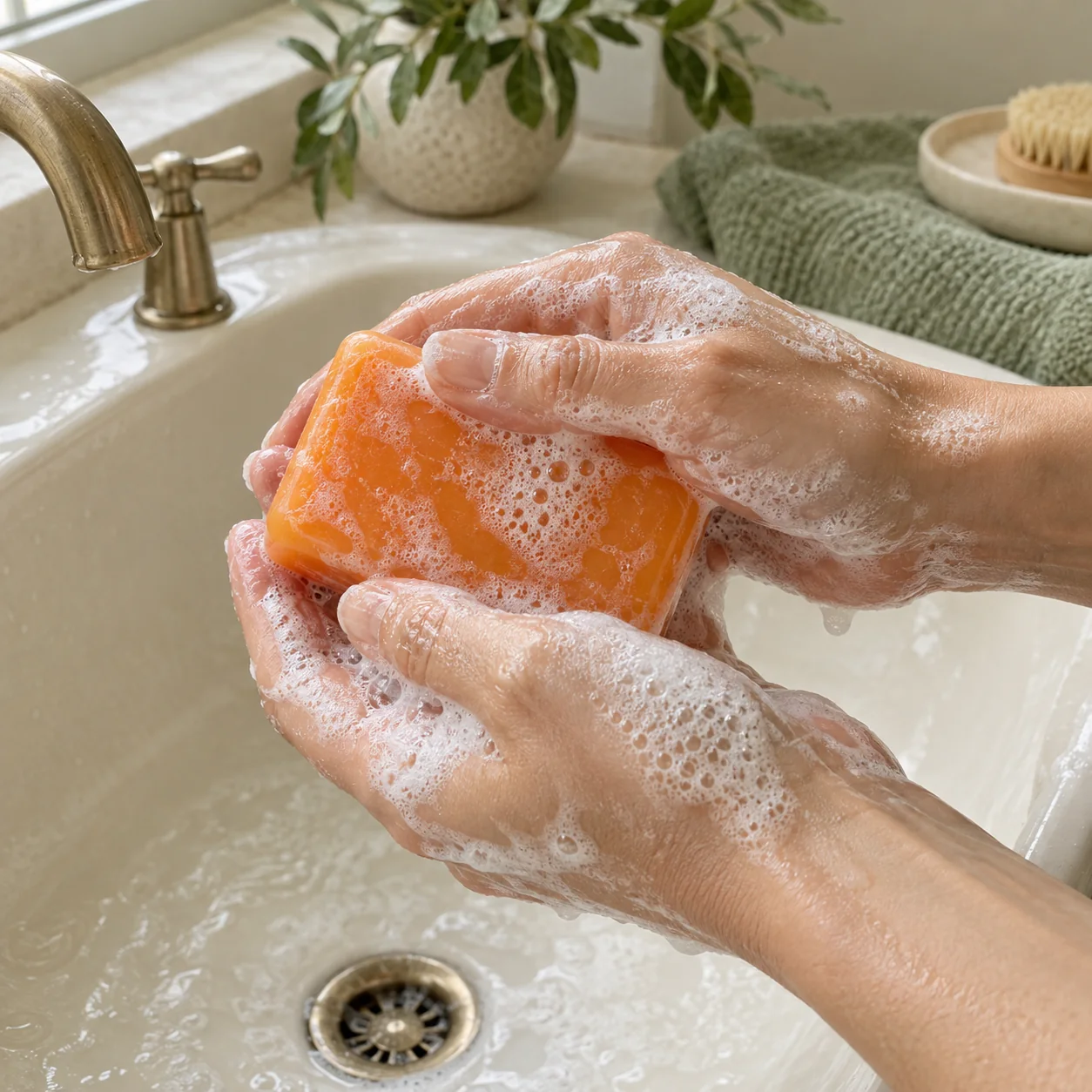 Hands working persimmon soap into a creamy lather